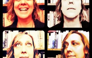 four faces looking up, down, sideways, and forward.