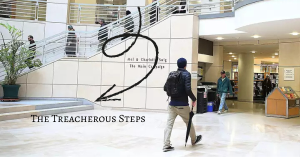The treacherous two steps in the San Francisco Public Library atrium, which tripped so, so many people.