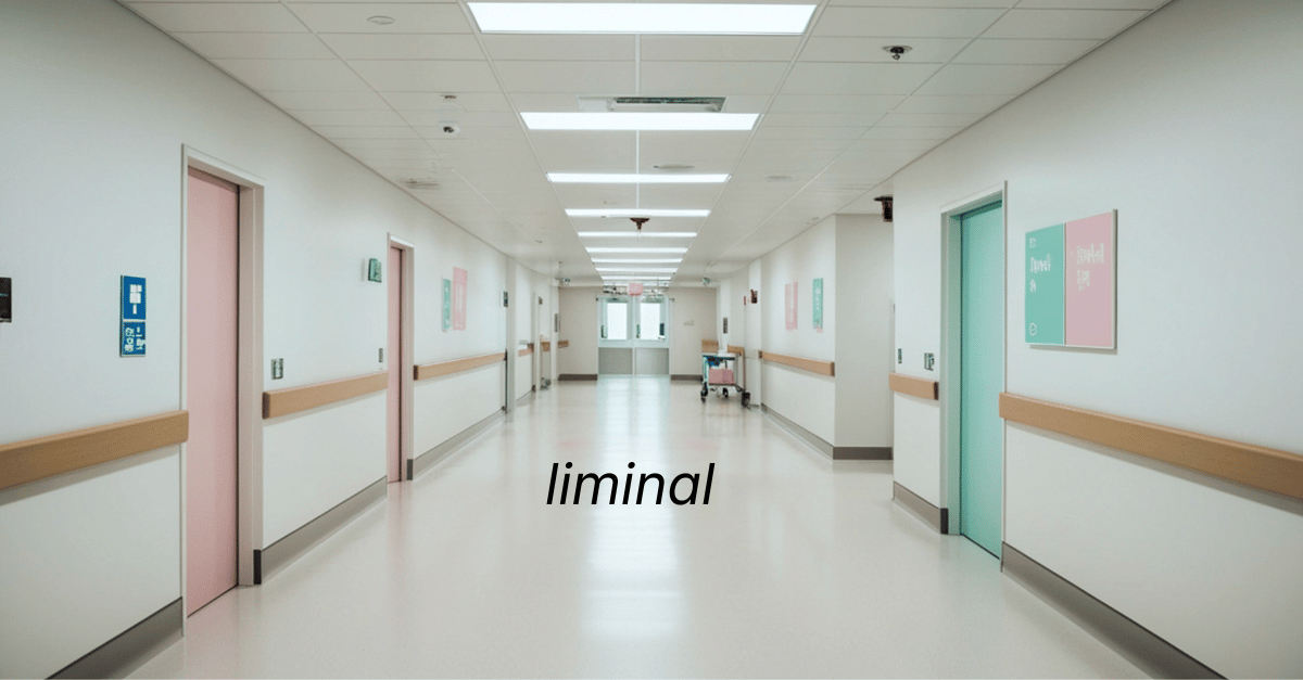 Hospital hallway with fluorescent lights, featureless doors, empty of life