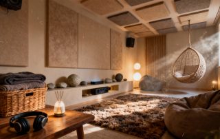 Serene sensory room with plush beanbag chairs